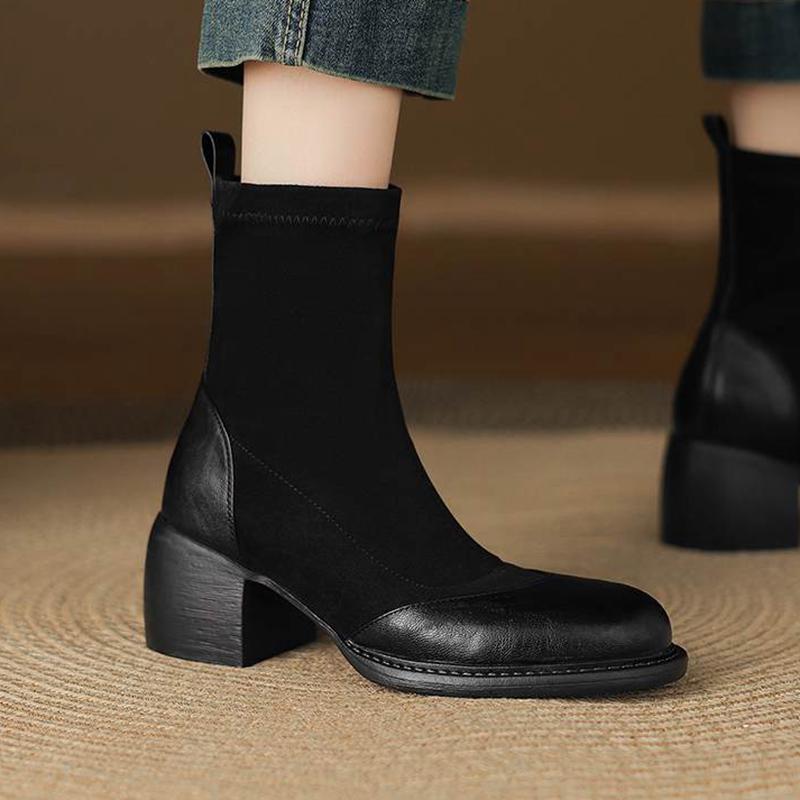 Krazing Po Microfiber Flock Winter Round Toe Size 33 Chelsea Boots Size 43 Zipper Thick High Heels Elastic Ankle Boots