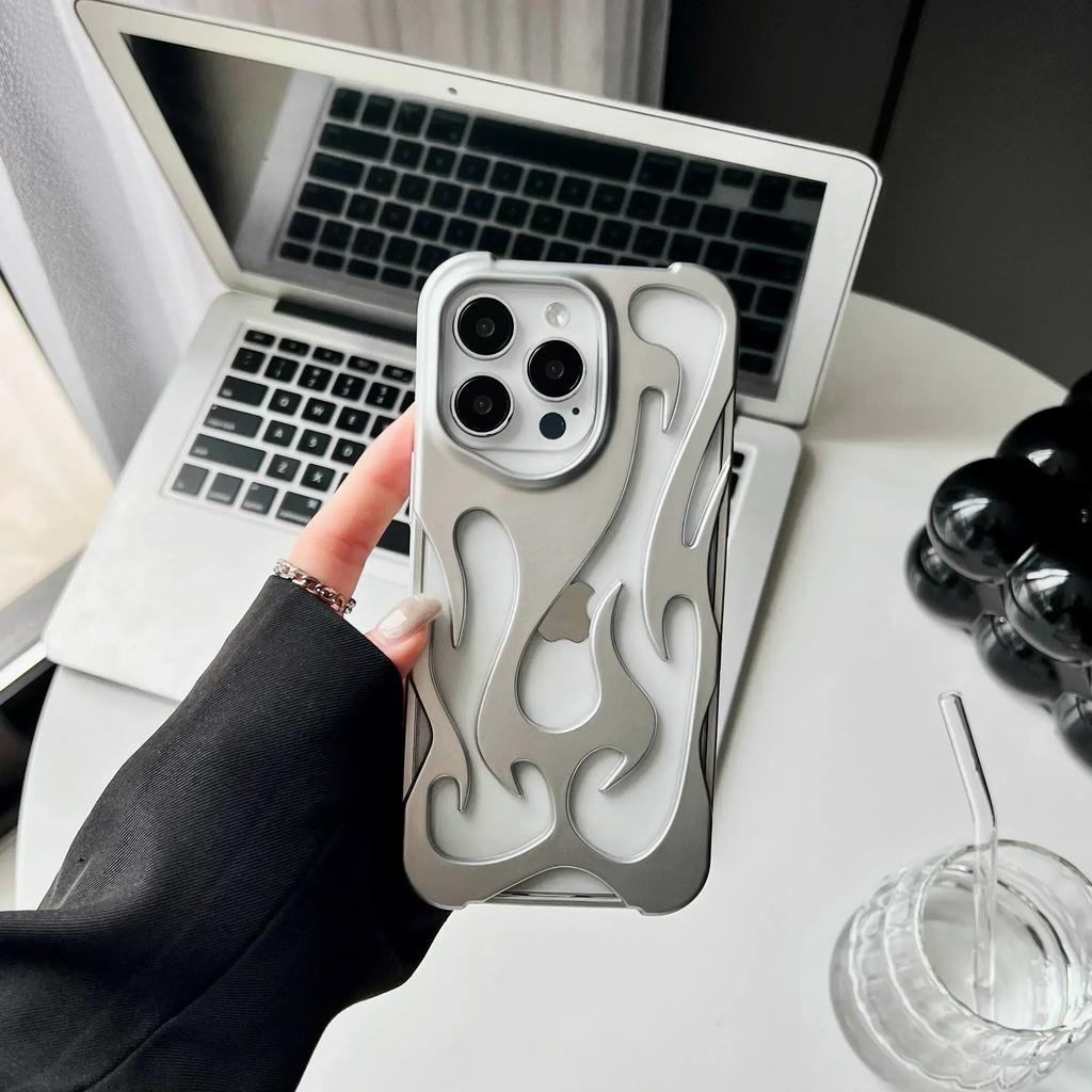 Hollowed Fire Flame Pattern Case For iPhone 17 Air 16 15 14 13 12 11Pro Max Plus 3D Fashion Cool Orange Electroplated Soft Cover