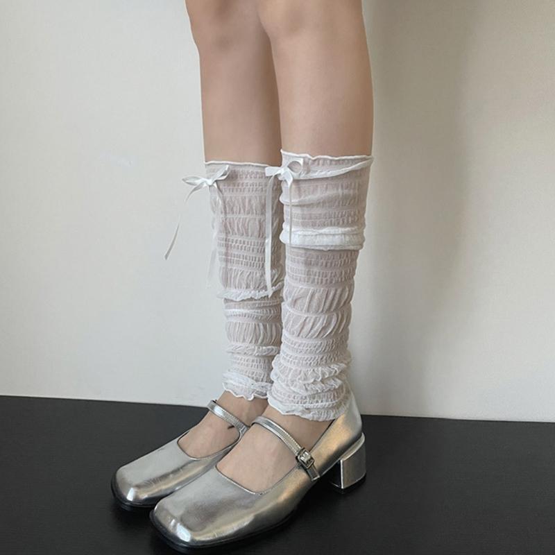 Womens Girls See Through Ruched Mesh Loose Leg Warmer Cute Ribbon Bowknot Lightweight Leg Cover Footless Lace Socks