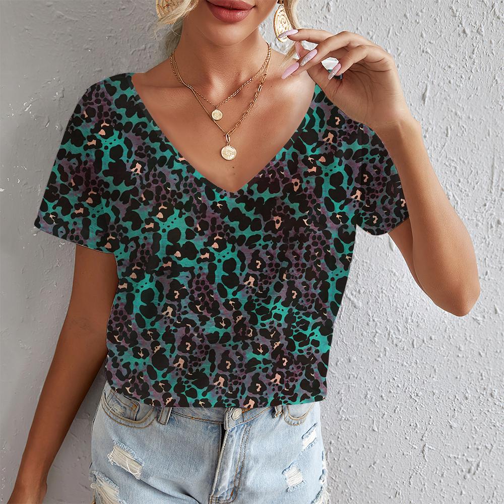 

Летняя женская футболка оверсайз с леопардовым принтом, ретро-мода, повседневная, Y2k, с V-образным вырезом, женская футболка с коротким рукавом 3XL