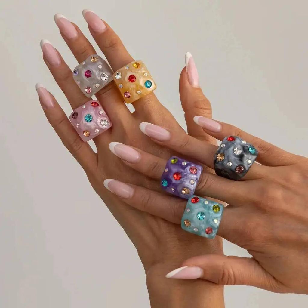 IngeSight.Z Trend Colorful Resin Inlay Rhinestone Geometric Square Ring for Women Sweet Chunky Geometric Ring Jewelry Accessory
