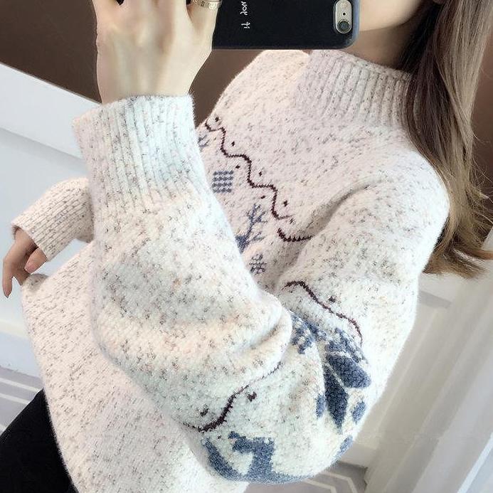 Dam Vinter Hög Krage Älg Jul Tröja Dam Höst Stor Storlek Utomhus Lös Vattentät Stickad Pullover