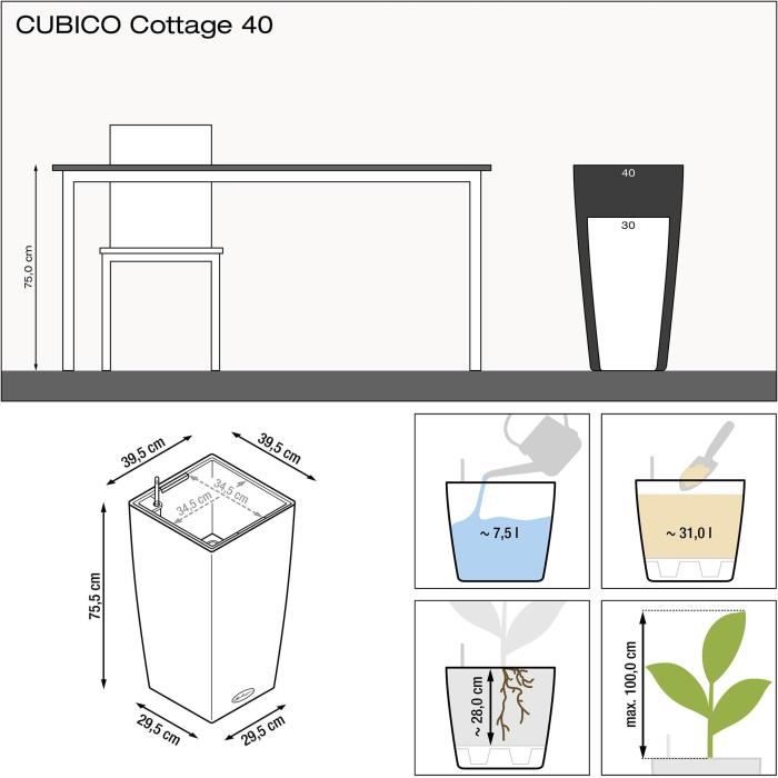 Pot de fleur LECHUZA Cubico Cottage 40 - kit complet, noir graphite