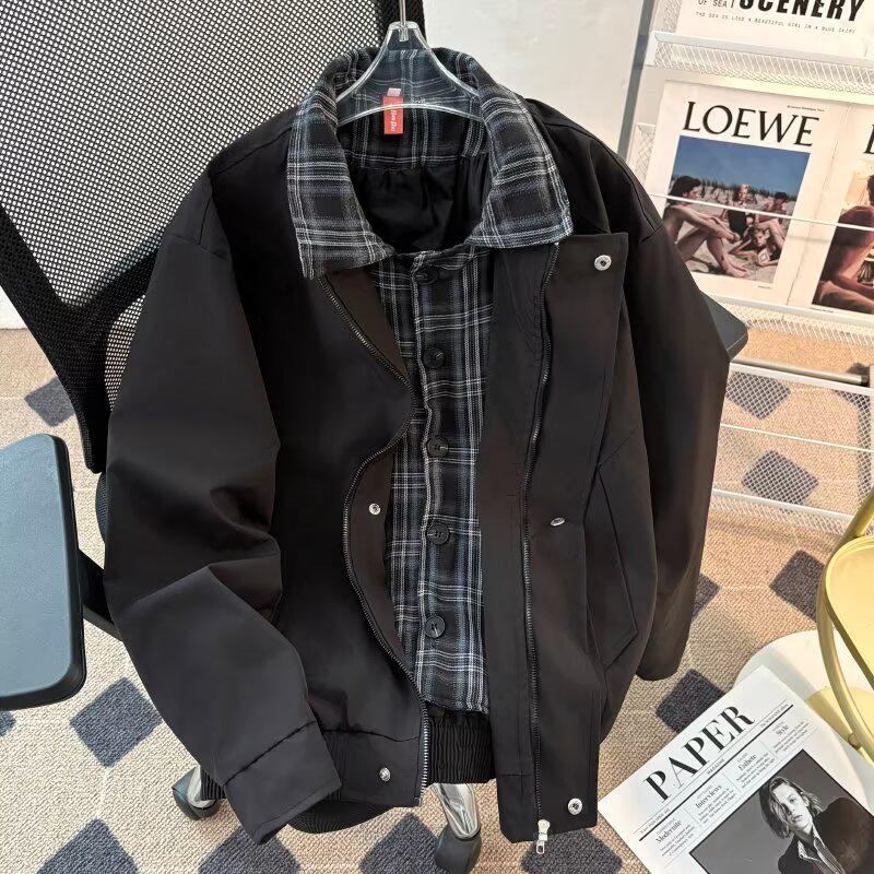 Модный универсальный японский мужской клетчатый костюм-двойка в стиле Харадзюку 2XL чёрный