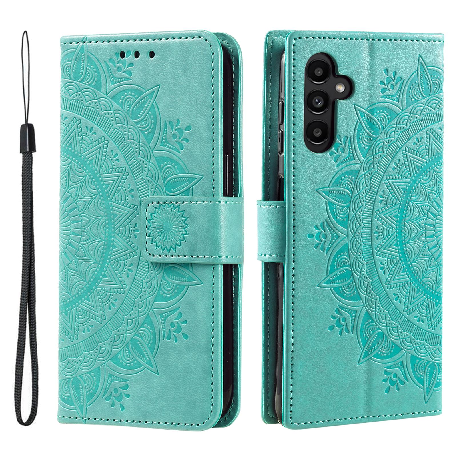 

For Samsung Galaxy S25 FE Stand Case Imprinted Totem PU Leather Wallet Phone Cover with Wrist Strap Mint Green