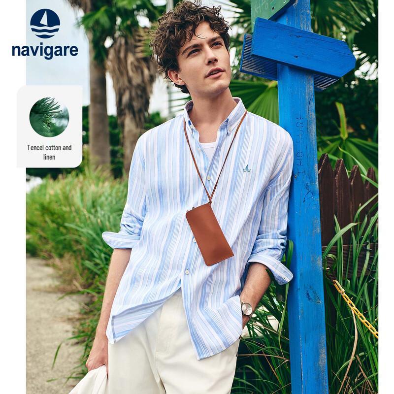 Navigare Men s Cotton-Linen Striped Long Sleeve Shirt L/40