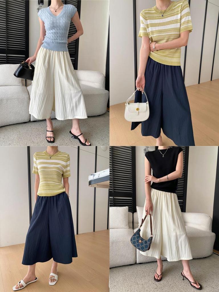 Sinan Elastic High-Waist Slimming Wide-Leg Cropped Pants with Wrinkled Texture