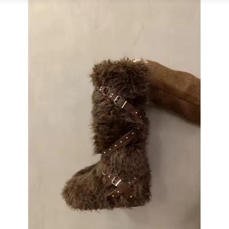 Téli 2026 Új Lapos Szuper Belső Magasító Vintage Fűzős Szuper Bolyhos Magas Hócsizma