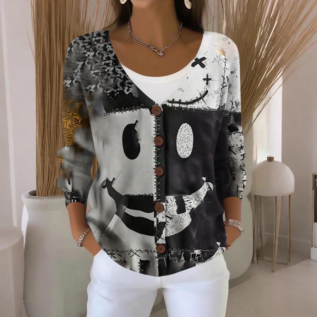 Women's Fashion Casual Knit Sweater Button-Up Halloween Printed  Cardigan Jacket
