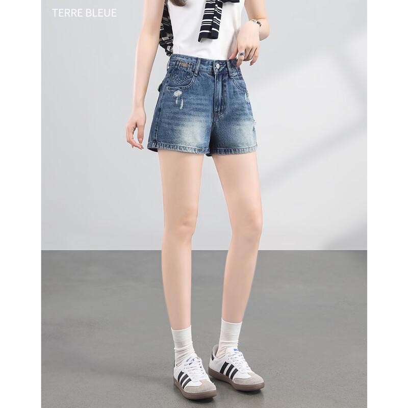 TERRE BLEUE Women's Retro High-Waist Wide-Leg Denim Shorts