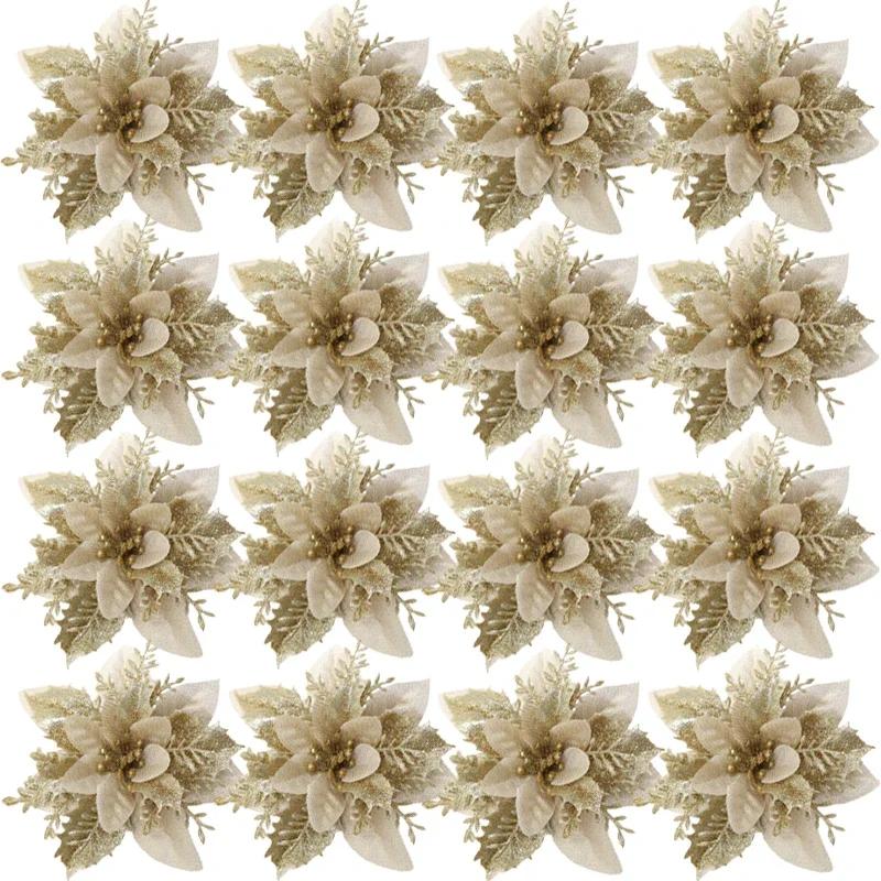 Christmas Red Gold Glitter Flowers Artificial Poinsettia Flower for Xmas Tree Ornaments Navidad New Year Party Home Decoration