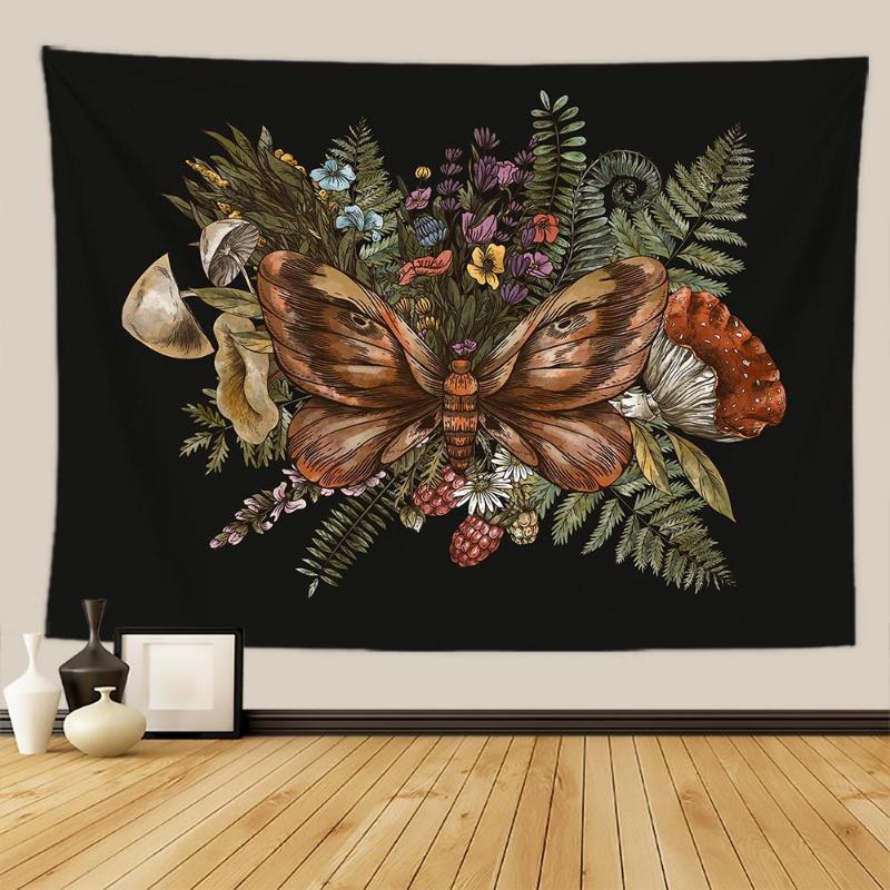 Dark Witchy Tapestry Moth Mushroom Print Wall Hanging Botanical Countryside Style Home Decoration