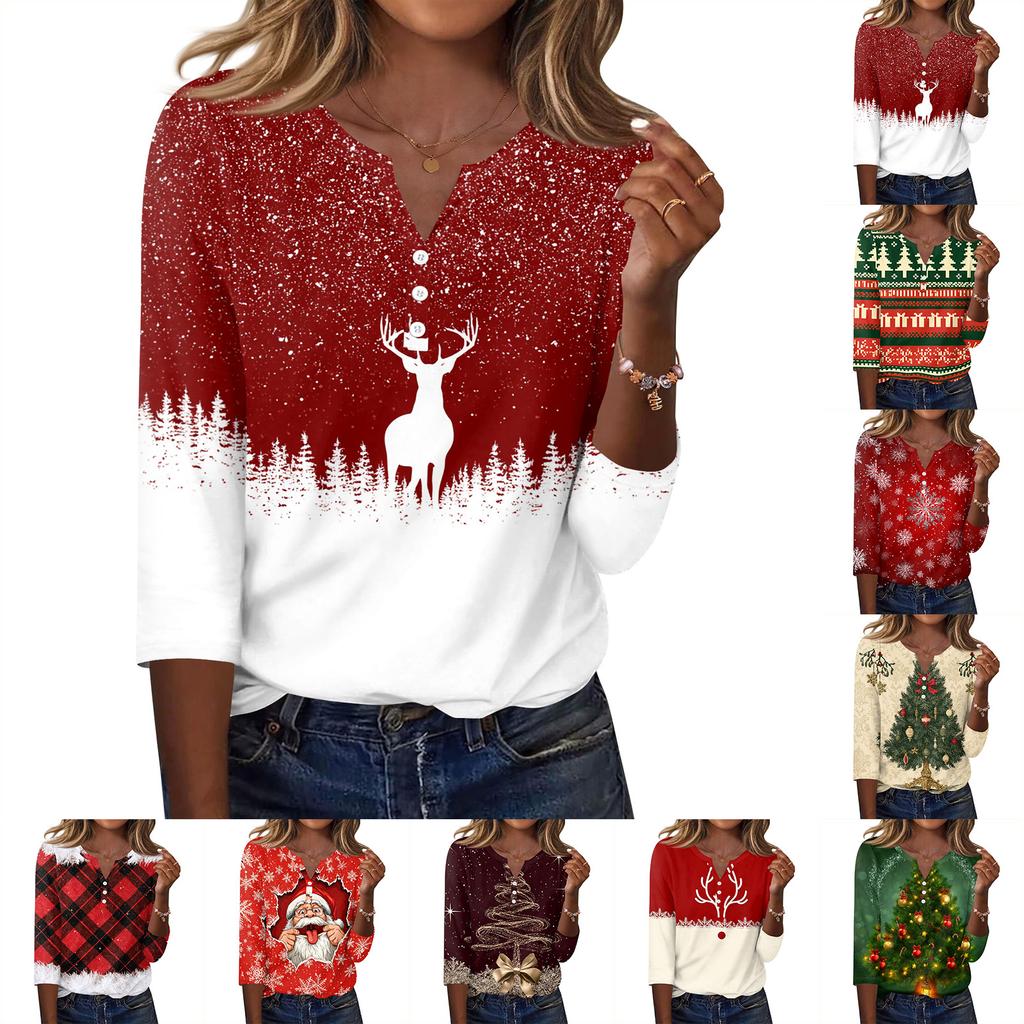 Women's Fashion Casual Christmas Print V-Neck Button Three-Quarter Sleeve T-Shirt Top
