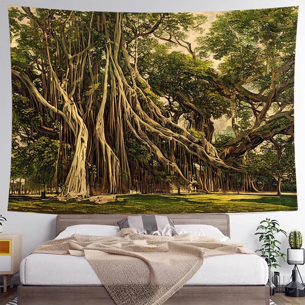 Ancient tree landscape tapestry, retro oil painting wall hanging, Bohemian home art decoration, living room and bedroom tapestry