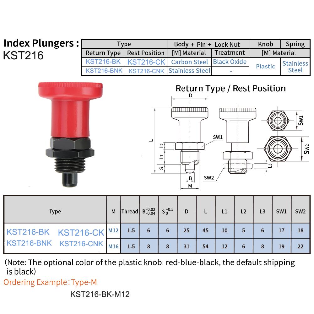 M12/M16 Fine Thread Stainless/Carbon Steel Locking And Positioning Index Bolts KST216 Three Colors Plastic Knob Indexing Plungers
