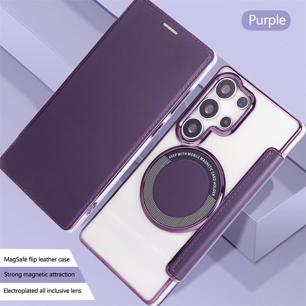 Flip Slot Card Leather Wallet Clear Magnetic Phone Case For Samsung S24 S25 Ultra S22 S23 Plus For Magsafe Wireless Charge Cover