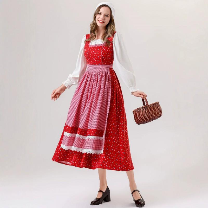 S-XL Halloween Little Red Riding Hood Cosplay Dress Retro Farm Party Costume Women