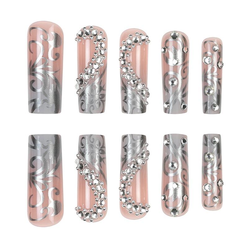 Cross‑border European & American silver long tapered press on nails, heart‑shaped & crushed rhinestone decor, hot‑selling new false nail patches.