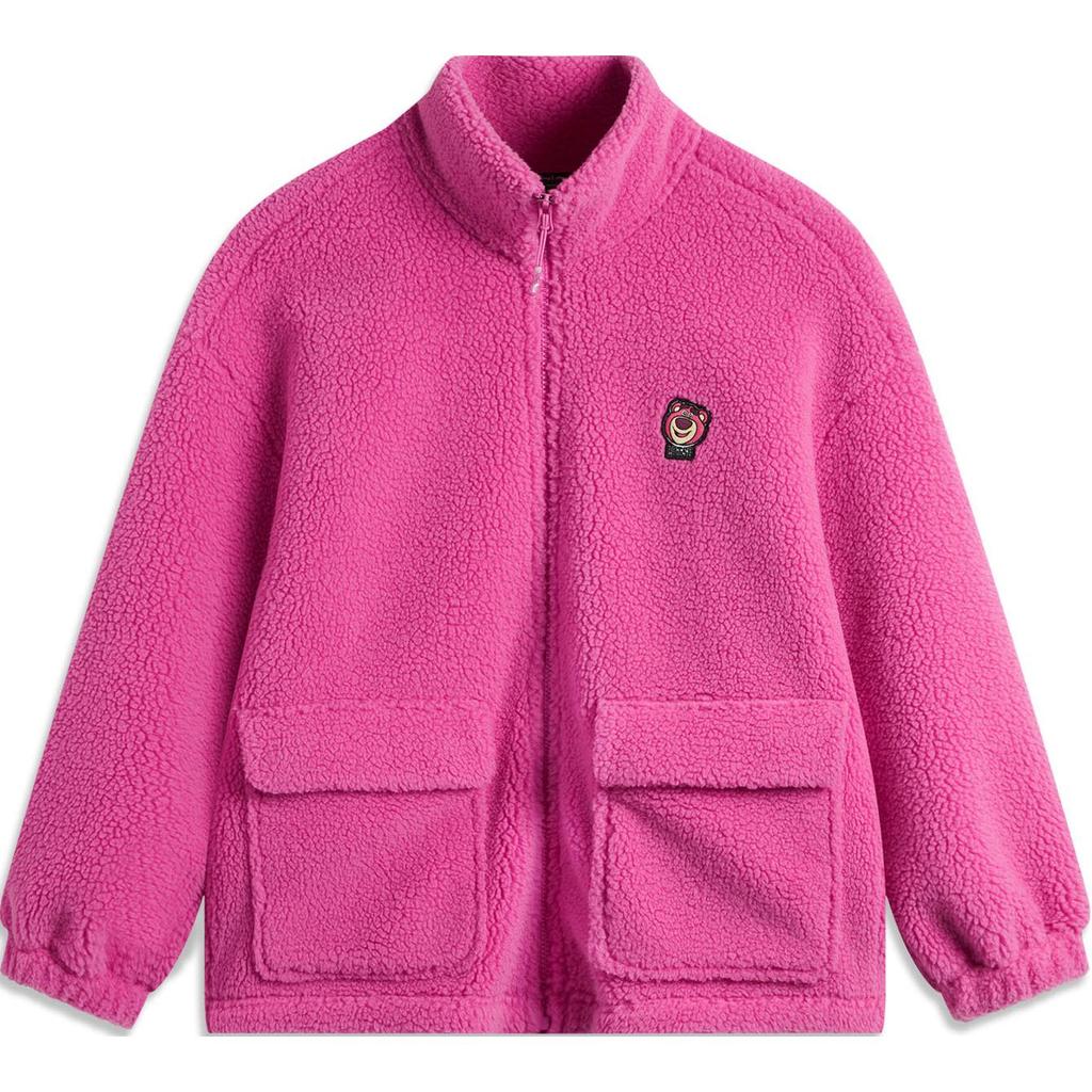 Li Ning X Disney Collaboration Pixar Strawberry Bear Series Comfortable Casual Stand Collar Zipper Simple Print Fleece Jacket Women Jackets AFDU858-2