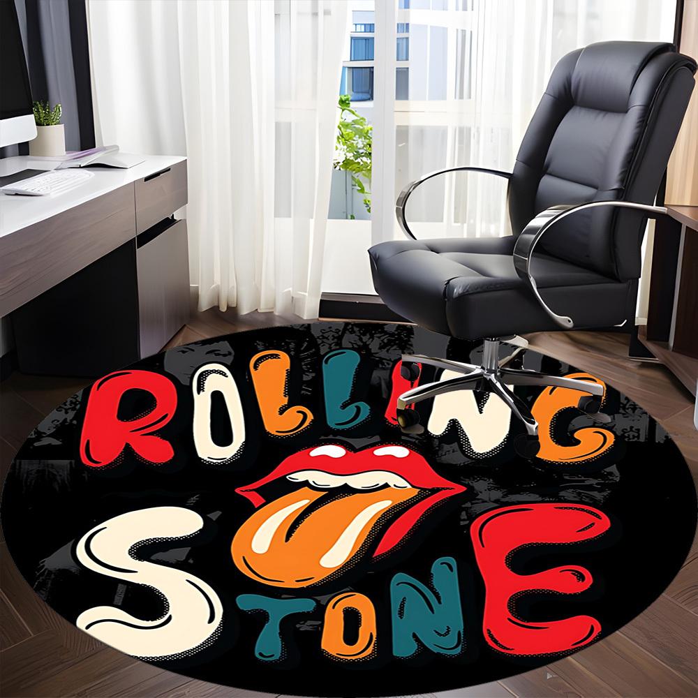 1PC Rolling Stone Logo Office Round Rug - Perfect for Office or Study Decor, Machine Washable, Non-Slip Backing, Decorative Floor Mat