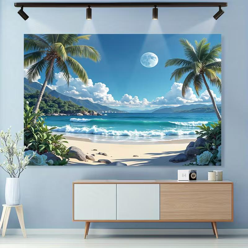 2D Moonlit Ocean Waves and Sand Shore Backdrop Photography Background Banner