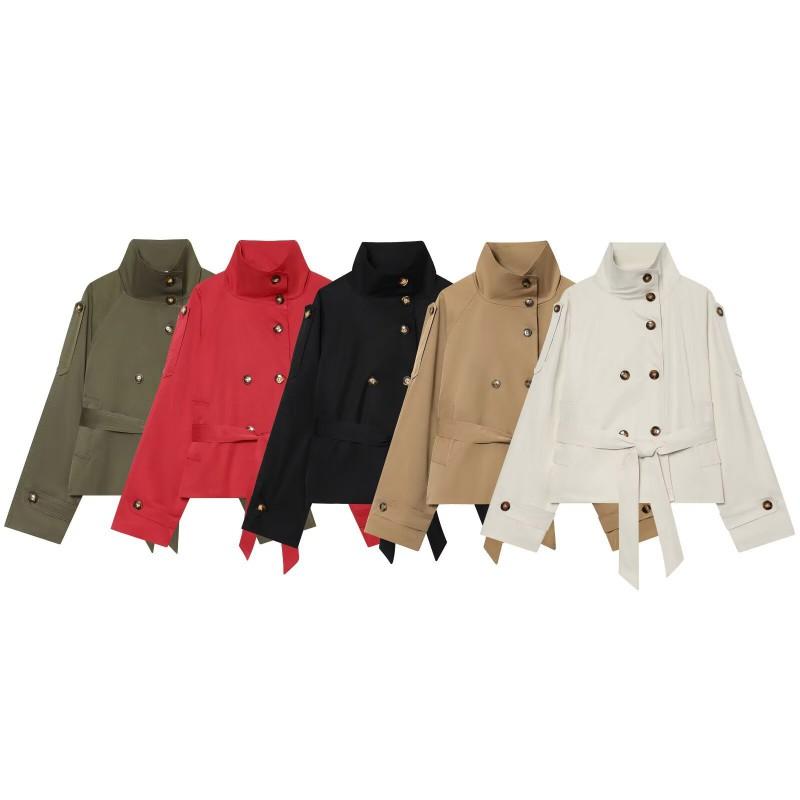 Womens 2026 Double-Breasted Belted Trench Coat With Stand Collar Slim Fit Street Style