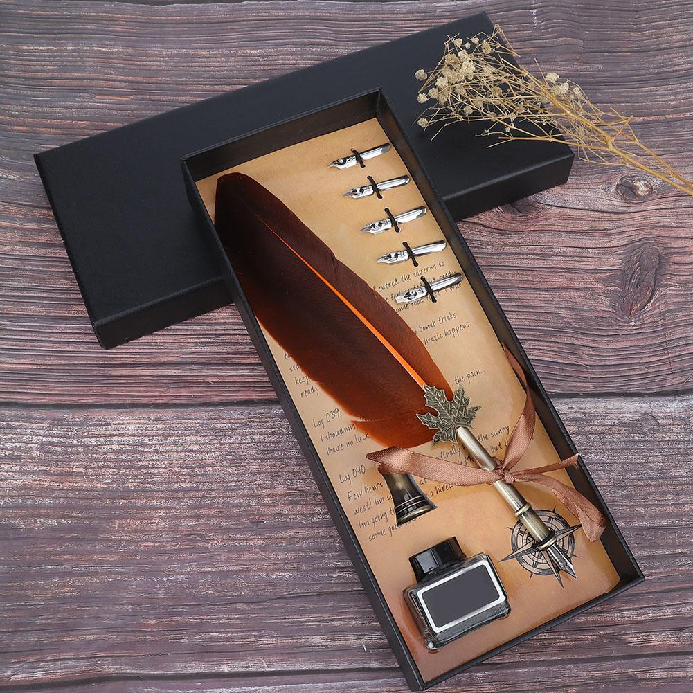 Vintage Feather Fountain Writing Pen Calligraphy Ink Quill Dip Pen with Gift Box(Orange)