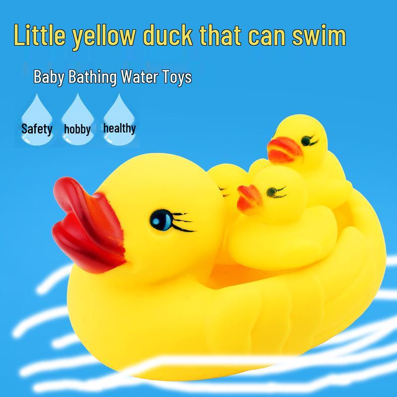 Playful Yellow Duck Bath Toy Set: Mother Duck & Three Ducklings - Soft Rubber Squeeze & Squeak
