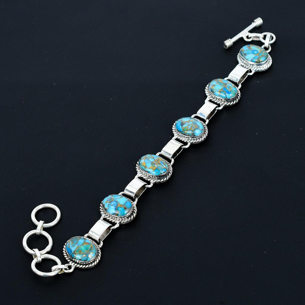 Blue Copper Turquoise Bracelet 925 Sterling Silver Bracelet Adjustable Chain Bracelet Handmade Boho Bracelet Gemstone Jewelry Birthday Gifts