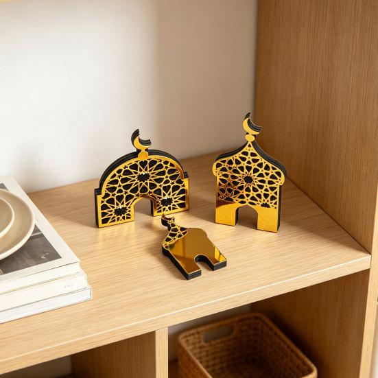 Gold Acrylic Table Art 3PCS Ramadan Golden Castle Ornament, Hollow Mosque Design, Thick Wood And Decorative Wooden Signs Desktop Accents, Religious