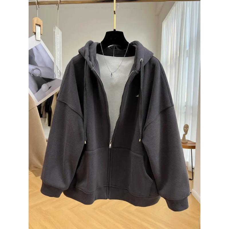 Fashion Solid Color Velvet Thickened Hooded Sweatshirt for Women Autumn and Winter Lazy Style Zipper Cardigan Versatile Jacket