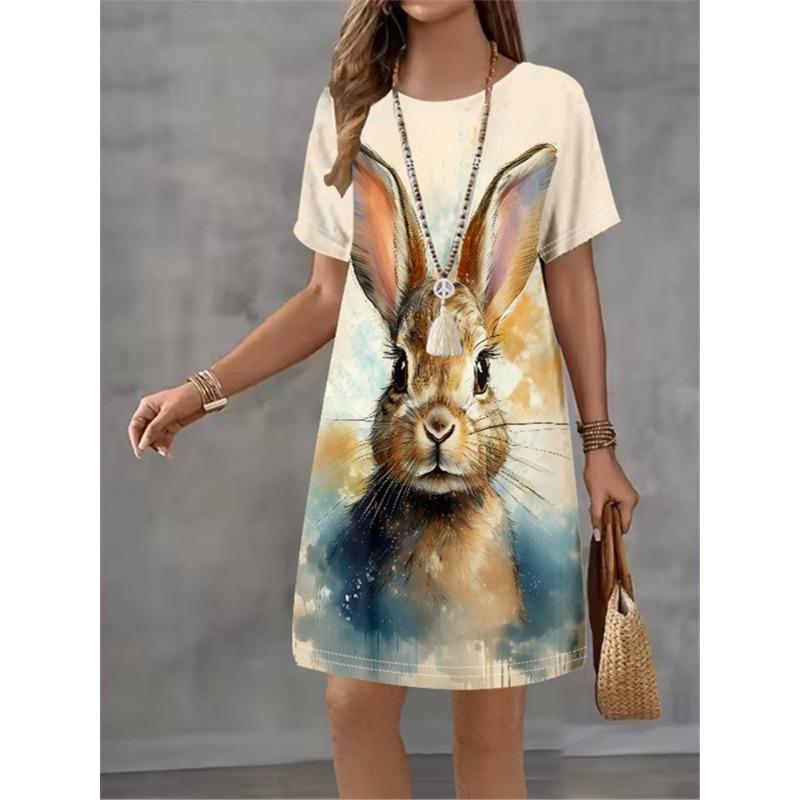 Women Dress Cute Rabbit Pattern Print Design Sense Pattern 2025 Summer Elegant Women A-Line Dress Casual Short Sleeve Mini Dress