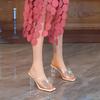 Mode Sommer Neu Damen Slipper Transparentes PVC Hochhackige Sandale Schleife Strass Slipper Quadratische Zehenfreie Hochhackige Slipper für Damen