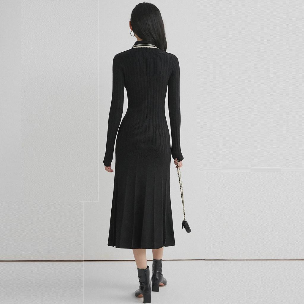 Gonna Lunga Nera Lavorata a Maglia di Alta Gamma con Collo a Polo e Righe – Stile Celebrità Xiao Xiang Autunno/Inverno