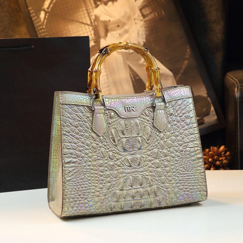 Nieuwe Tas met Krokodillenpatroon, Premium Bamboe Handtas, Veelzijdige, Hoge Merk Echt Lederen Dames Tas