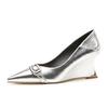 75005 [sheepskin] high heels women's wedge heels spring 2025 new pointed temperament silver light mouth single shoes