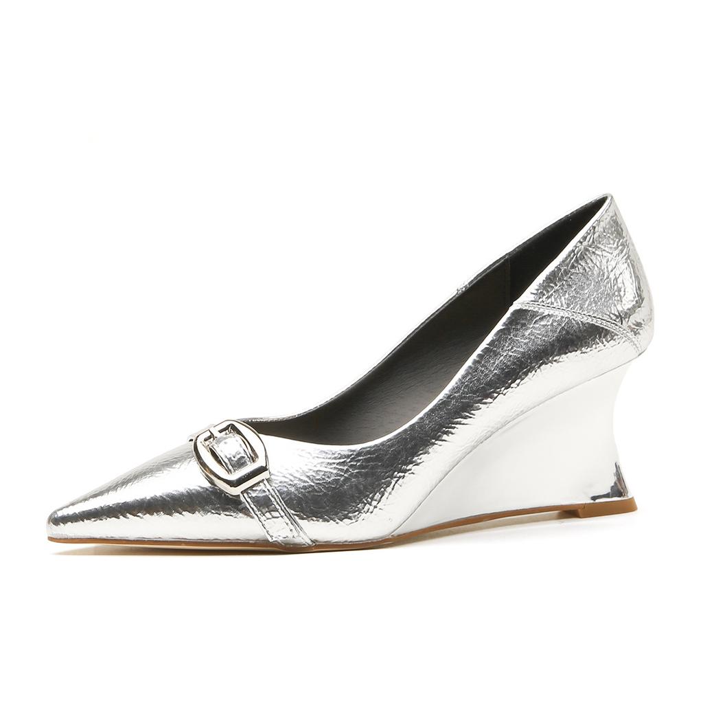 75005 [sheepskin] high heels women's wedge heels spring 2025 new pointed temperament silver light mouth single shoes