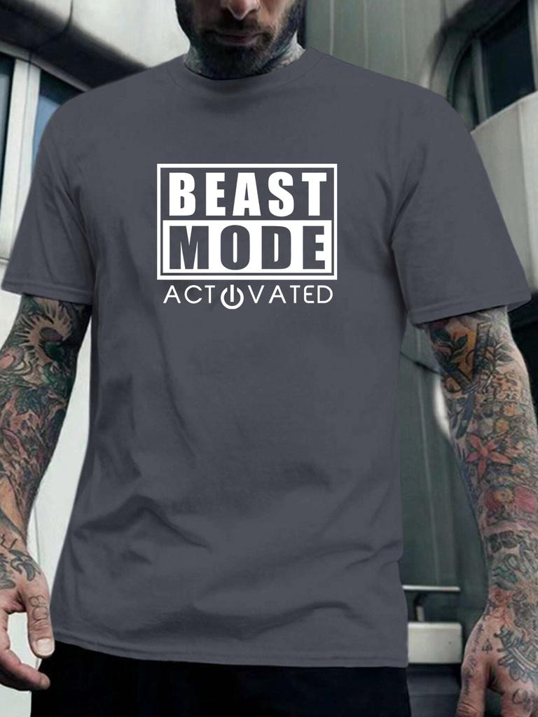 Comfy BEAST MODE Print Men's Short Sleeve T-shirts - Breathable Casual Tops For Fitness Training, Jogging