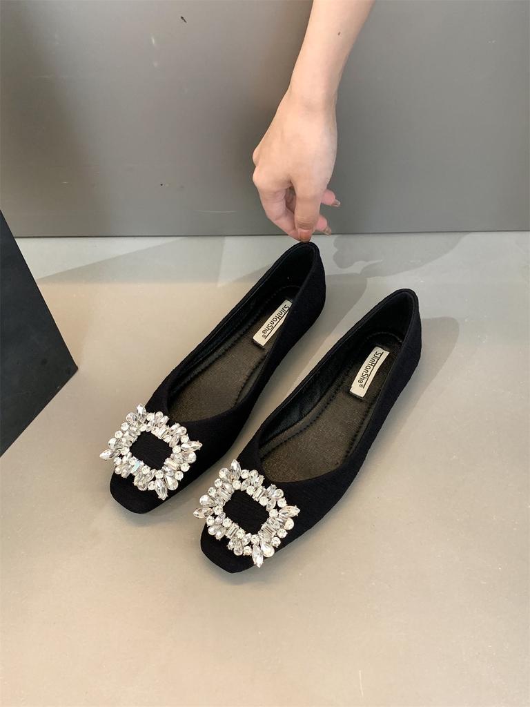 Fashion Flat Shoes Women's Rhinestone Square Buckle Shallow Mouth Spring and Autumn Flat Bottom Casual Plus Size Women's Shoes