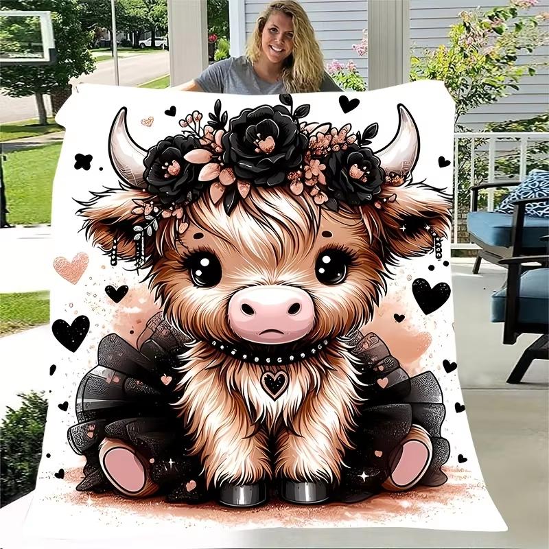 1 x Cozy Cartoon Cow Print Flannel Blanket-Soft and warm ripstop fabric, cute animal pattern and floral hearts, machine washable