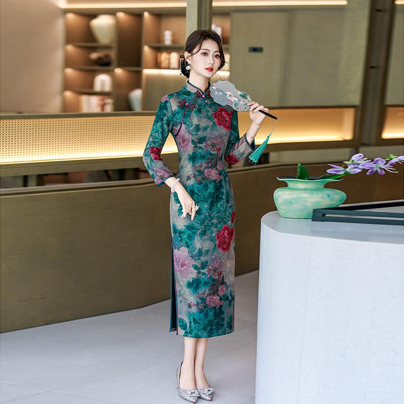 Green Mother Outfit, National Style, New Chinese Suzhou Long-sleeved Autumn Cheongsam, Improved 1011 New Women's High-end Spring and Autumn