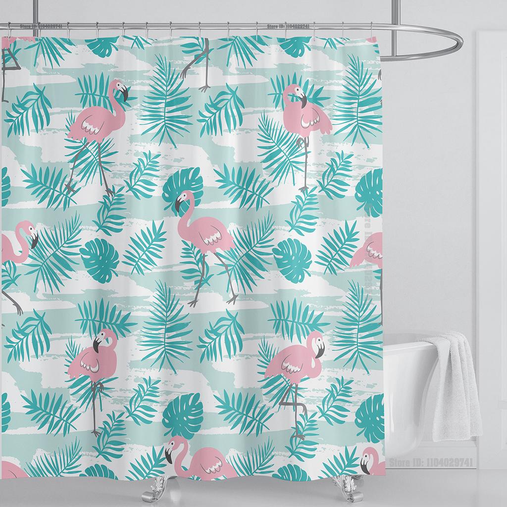 Bohemian Shower Curtain Tropical Jungle Wildlife Bathroom Set Modern Pink Aesthetic Parrot Floral Bathroom Curtain With Hooks