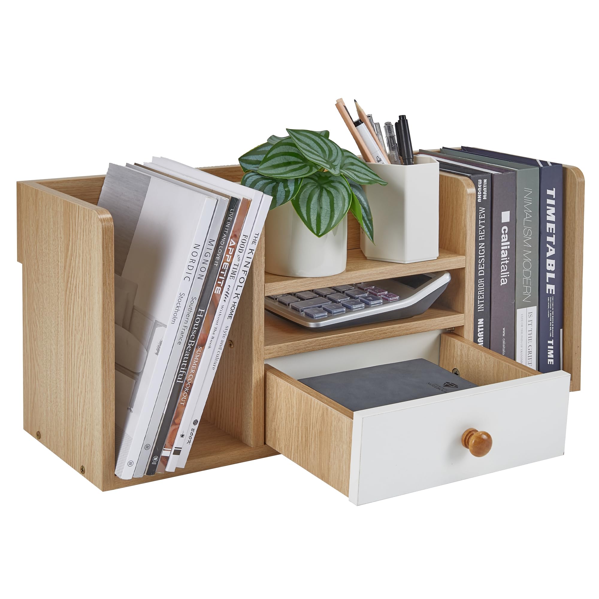 VECELO Desk Desktop Rack with Tabletop Book Small Item Large Stationery Easy 56cm x 25cm x Walnut Shelf, Drawer, Storage, Stand, Holder, Stylish,