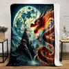 Fiery Dragon and Moonlit Pagoda Scene Patterned Flannel Blanket Perfect for the Bedroom Living Room, Sofa, or a Little Nap