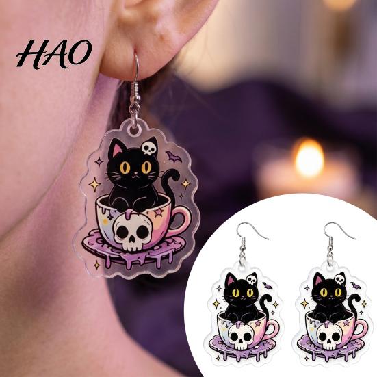 Holiday Party Decorative Earrings 1 Pair Halloween for Women, 2D Acrylic Teacup Black Cat Dark Style Jewelry Dangle Drop Earrings, Gothic Cartoon
