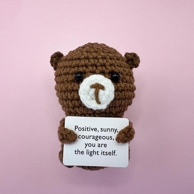 Mini Cute Positive Energy Bear Hug Pocket Dolls Handmade Wool Animal Knitting Desktop Ornaments Christams Gift Home Room Decor