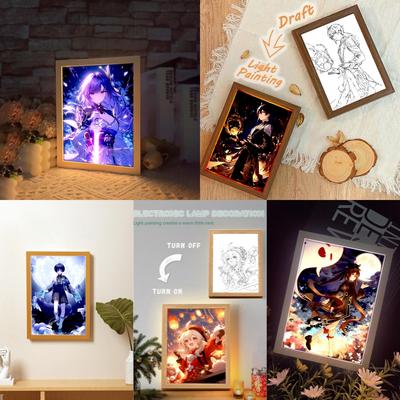Anime Figure Genshin Impact Light Painting Photo Frame Raiden Shogun Action Led Night Light Room Decor Xmas Present Moon Lamp