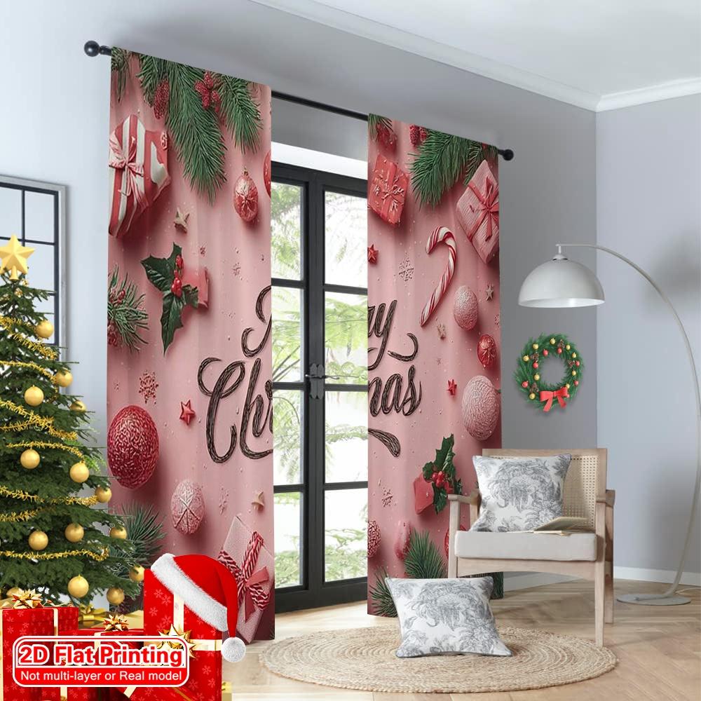 Set di 2 Tende di Natale a Stampa Piatta Canna di Zucchero Versatile Poliestere Senza Uso di Elettricità Tenda per la Casa Realizzata