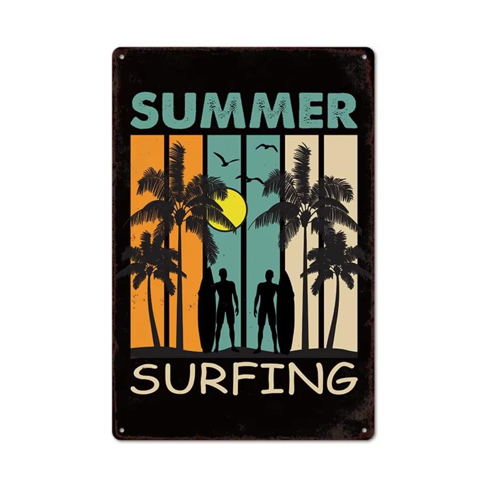 Vintage Tin Art of Summer Surfboards: Ideal for American Bar Backdrops and Home Decor Wall Murals