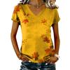 Women's V-Neck Short Sleeve Top with Maple Leaf Print for Casual Everyday Wear